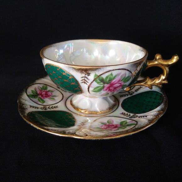 Vintage Japan Lustre Ware Pedestal Cup n Saucer Pink Rose Green Panels Gold Trim - Picture 3 of 16